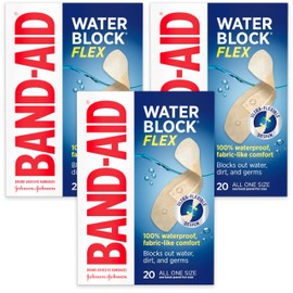 Band-Aid Brand Water Block Flex 100% Waterproof Adhesive Bandages for First-Aid Wound Care of Minor Cuts, Scrapes & Wounds, Ultra-Flexible Design, Sterile, All One Size, 3 x 20 ct