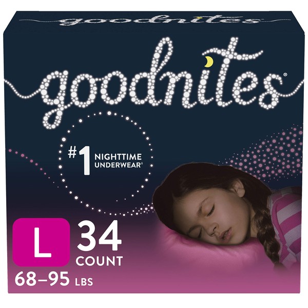 Goodnites Nighttime Bedwetting Underwear, Girls' L (68-95 lb.), 34 Ct