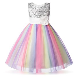 Uhnice Little Girl's Sequin Sleeveless Mesh Rainbow Dress for Wedding Party (White, 6-7/140)