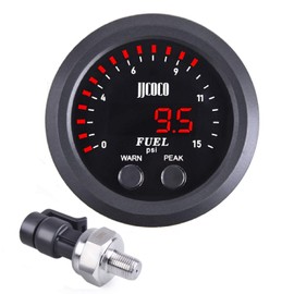 ZHSYMX Universal Fuel Pressure Gauge 2‑1/16in 52mm Ultraslim 15PSI Red LED DC12V-24V with Alarm and Electronic Sensor for Car & Truck