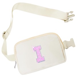 COSHAYSOO Initial Belt Bag Small Waist Fanny Pack Crossbody Purse Cross Body Pouch with Preppy Monogrammed Letter Patch for Teens Girlfriend, Cute Stylish Travel Easter Thank You Gift Ivory (I)