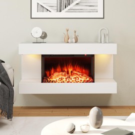 COSTWAY 3-Sided Glass Electric Fireplace with Floating Mantel 32-inch Wide, 750/1500W Wall Mount 18-inch Fireplace with Remote Control, 12-Color Dimmable Flame & Ambient Light, 8H Timer, White