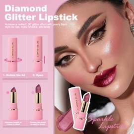 Wugbc Glitter Lipstick Metallic Lip Stick Long Lasting Waterproof High Shine Diamond Creamy Shimmer Lipstick for Women Transfer Proof Full Coverage Sparkling Hot Pink Lip Crayon Color Makeup, 6