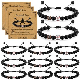 Loetere 12 Set Sport Adjustable Beaded Bracelets Gifts Football Softball Soccer Volleyball Golf Basketball Hockey Bracelets for Women Men Adjustable Beaded Accessories(Black,Baseball)