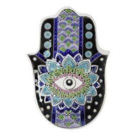 Indigo Chakra Hamsa Palm Mandala and Evil Eye Ceramic Dish Brass Incense Holder