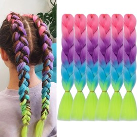 Rainbow Braiding Hair Pre stretched 4 Tone Colorful Braiding Hair Extensions 24in 6Packs Synthetic Fake Hair for Kids #Rouge pink-Purple-Blue-Green
