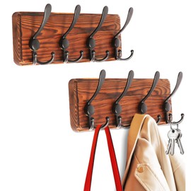 DecorDudz 2 Items Coat Hanger Wall Mount Wooden Hat Rack for Wall Hooks, Pine Real Wood Plank13.6 Burnt Brown Coat Hooks Wall Mount with 4 Hooks for Hanging Coat Hat Jacket, Bag, Towel