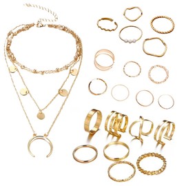 IUDWCG - 21 Pcs Vintage Gold Medium Length Ring Finger Ring Set and Multilayer Necklace with Bohemian Style for Female Girls Fashion Accessories Holiday Gift, Silver