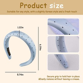 Polka Dot Ribbon Headband Blue Padded Headband for Washing Face Cute Preppy Padded Hair Headbands for Women Girls Comfortable Satin Headbands for Sleeping Soft Preppy Hairband Womens Polka Dot Outfit