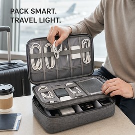 Large Capacity Travel Electronics Organizer Bag, Water-Resistant Cable and Charger Storage Case with Adjustable Dividers, Mesh Pockets and Carry Handle