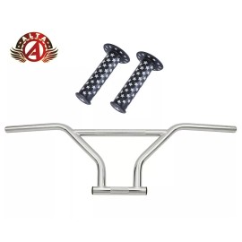 ALTA 4-Piece BMX Handlebar Old School Chrome W/ WHITE STARS BMX Style GRIPS. - Handlebar W/Black Grips