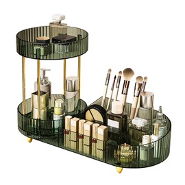 DASITON 360° Rotating Makeup Organizer for Vanity, 2 Tier Perfume Cosmetic Skincare Organizers with Makeup Brush Holder, Large Capacity Cosmetic Display Case for Bedroom Bathroom Countertop (Green)