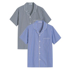 Latuza Men's Button Down Pajama Top 2 Pack Cotton Sleep Shirt L BlueStripe CharcoalStripe