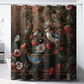 LITINGZHILONG William Morris Flower Shower Curtain, Strawberry Thief Bird Animal Vintage Brown Shower Curtain Bathroom Decor Waterproof Privacy Shower Curtain Polyester 12 Hooks 66x72In