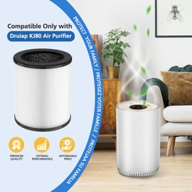 KJ80 Replacement Filter Compatible with Druiap KJ80 Air Purifier, 360° Rotating 3-in-1 Filter of H13 True HEPA Filter, Activated Carbon and Pre-filter, 4 Pack(Not for KJ150 & Happi KJ80)