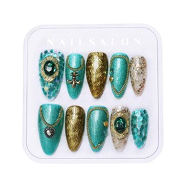 CAMILCY Press on Nails Handmade Nails Luxury Reusable Fake Nails For Girls Short Almond armor Golden Green Diamonds HandPainted Salon Loveful Design Acrylic GelUV Finished 3D Nails 10PCS (A014, S)