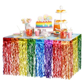 NINGYOHI Rainbow Party Decorations Fringe Table Skirt Shimmer Tassel Foil Backdrop Table Skirt Streamer Colorful Foil Hanging Tassel Foil Skirt Metallic Fringe Tassel Photo Backdrop