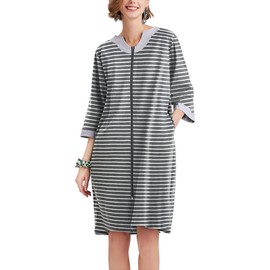 Ekouaer Women Zipper Robe 3/4 Sleeve Nightgowns Lightweight Short Bathrobe with Pockets Grey Strips,3XL