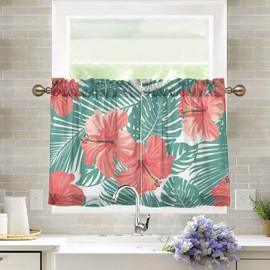 Mnsruu Tier Curtains Rod Pocket Half Window Curtain for Kitchen Bathroom Tropical Flower Palm Leaf Decorative Short Window Treatment 68x91cm, Set of 2 Panels