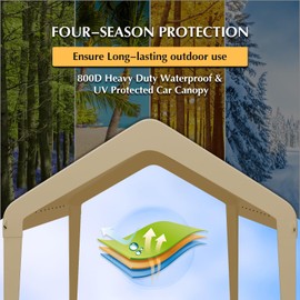 GOTRUTH 10x20 Canopy Replacement Cover, Carport Replacement Canopy Top Cover for 10' x 20' Frame, 800D Heavy Duty Waterproof & UV Protected Car Canopy with Ball Bungees (Frame is not Included) (Beige)