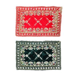 Set of 4 Small Mat Aasan Velvet Pooja Cloth Cloth (Size:-9 Inches X 6 Inches) for Multipurpose Indian Traditional Decorations Pooja Article Home Decor (Red, Yellow, Green and Orange)