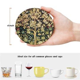ubcindy William Morris Tree of Life Coasters Set of 6 for Drinks,Round Absorbent Ceramic Stone Coaster with Metal Holder,Sage Green Golden Lily Coasters with Cork Base for Coffee Kitchen Decor Gifts