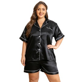 Vozanet Women's Short Sleeve Satin Pajama Sets Silky Ladies Button Down Loungewear Plus Size Nighty Shorts Sets XL to 5XL Soft Sleepwear V Neck Two Piece Pjs, Black, 4X-Large