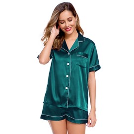 LecGee Womens Pajamas Set Silk Satin Sleepwear Short Sleeve Nightwear Button Down Pj Lounge