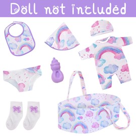 Ecore Fun 8 Pcs Baby Doll Clothes with Bassinet for 16-20 Inch Baby Doll, Rainbow Baby Doll Clothes Outfit Accessories fit 16 to 20 Inch Baby Doll（No Doll）