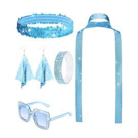 AWAYTR 70s Disco Accessories for Women 5PCS Sequin Scarf Disco Earrings Sunglasses Headband Diamond Bracelet (Blue)