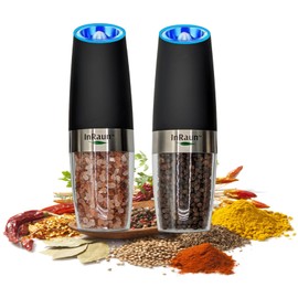 InRaun Gravity Electric Salt and Pepper Grinder Set, Stainless Steel Pepper and Salt Mills Shakers, Adjustable Coarseness, Battery Powered with LED Light, One Hand Automatic Operation, Black (2Psc)