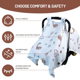 100% Muslin Summer Baby Car Seat Cover, Universal Fit Infant Car Seat Canopy, Breathable & Lightweight Sun, Weather Protection for Boys & Girls