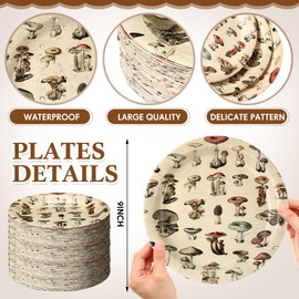 Zopeal 60 Pieces Vintage Mushroom Paper Plates 9 Inch, Elegant Mushroom Party Plates Spring Summer Retro Disposable Dinner Plates For Birthday Wedding Baby Shower Tea Party Shower