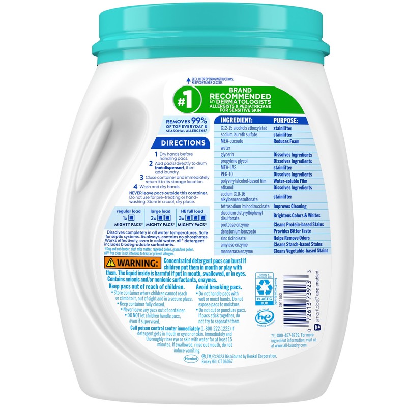 All Mighty Pacs Laundry Detergent Free Clear Odor Relief, Tub,