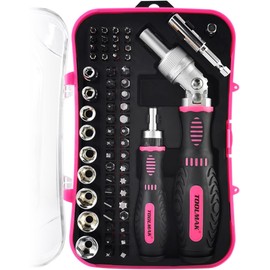 TOOLMAK Ratcheting Screwdriver Set 61pcs Socket Set & Screwdriver Bit Set with Rotatable Ratchet Handles ＆ Storage Case, Household Repair Tool Kits for Bike-Pink