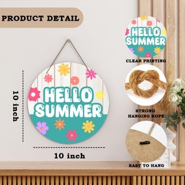 Hello Summer Welcome Door Sign, Colorful Flowers Decor Wooden Sign Round Decorative Wall Plaque, Rustic Summer Welcome Sign for Front Door, Farmhouse Porch Yard Hanging Sign Outdoor Decorations -21
