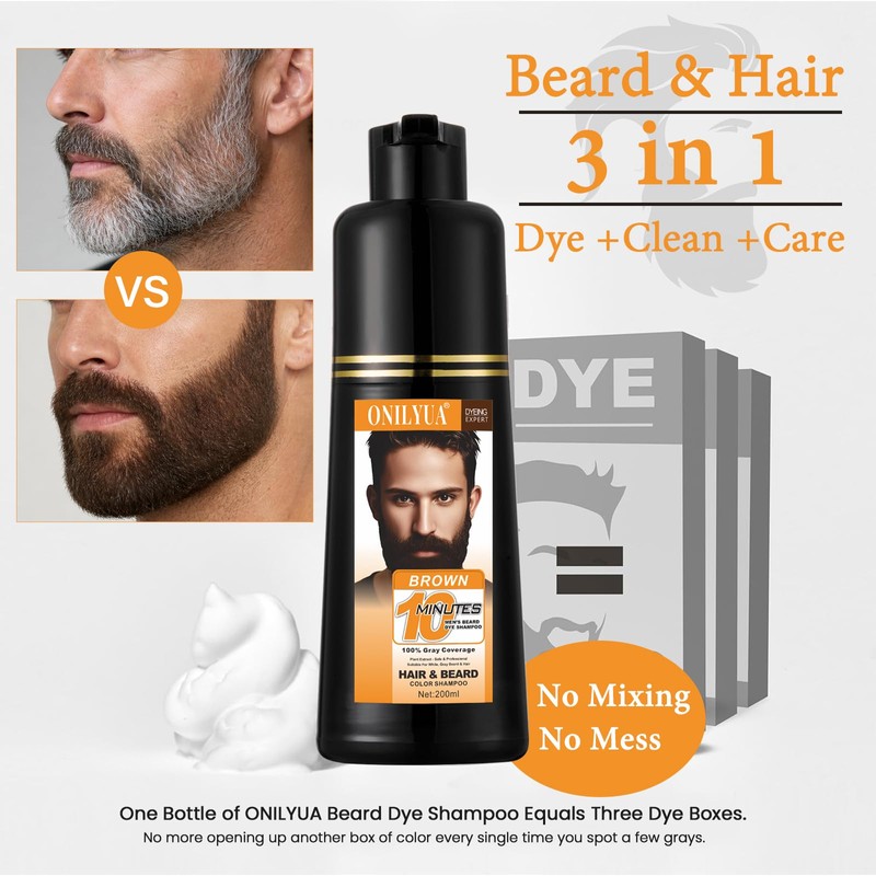 Men's Beard Dye 3 in 1, Brown Beard Hair Dye