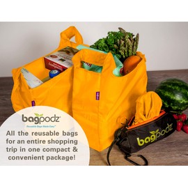 BagPodz Reusable Shopping Bags – Includes 5 Foldable Bags Inside a Compact Pod with Carry Clip – Super Strong Nylon Reusable Shopping Bags Hold up to 50lbs – Sturdy, Washable and Easy to Use