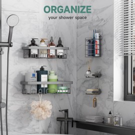 Veken Veken Adhesive Shower Caddy 5-Pack,Heavy Weight Bearing,Large Wall Mounted Shower Shelves Rack,Organizer Storage Accessories with Soap Dish&Toothbrush Holder,Ideal for Bathroom,Home&Kitchen,Gray