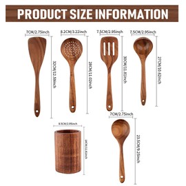 KEJJRIUTN 6 PCS Kitchen Utensils Set, Wooden Cooking Utensils, Wooden Spoons for Cooking, with Utensils Holder Comfort Grip Wooden Kitchen Utensils for Nonstick Cookware