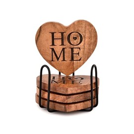 Mahasu Coaster Set Iron & Acacia Wood Heart Shape Coasters for Drinks for Drinking Glasses, Tabletop Protection for Any Table Type, Set of 4 (4" X 4" X 0.5")