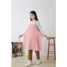 Pincy Cotton Linen Apron for Women - Adjustable Casual Apron with Pocktes, Great for Florist, Coffee House and Kitchen (Pink)