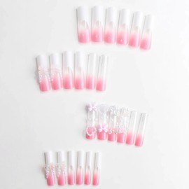 BABALAL Press on False Nails Long Square Fake Nails White French Glue on Pink Acrylic Nails with Bow Star heart Charm Supplies Squoval Artificial Art Diy Gel for Women and Girl