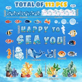 JarThenaAMCS 112Pcs Ocean Fish Bulletin Board Decor Set Watercolor Sea Animals Paper Cutouts with 200Pcs Glue Points Under The Sea Cut-Outs for Summer Back to School Home Party Supplies