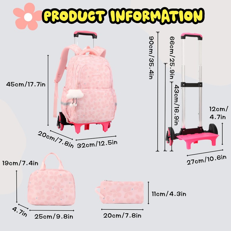 Bansusu 3Pcs Kids Rolling Backpack for Girls with Lunch Bag,