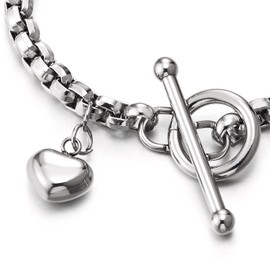 COOLSTEELANDBEYOND Stainless Steel Women's Rolo Chain Bracelet Polished with Dangling Puff Heart Toggle Clasp, Stainless Steel, Non-applicable