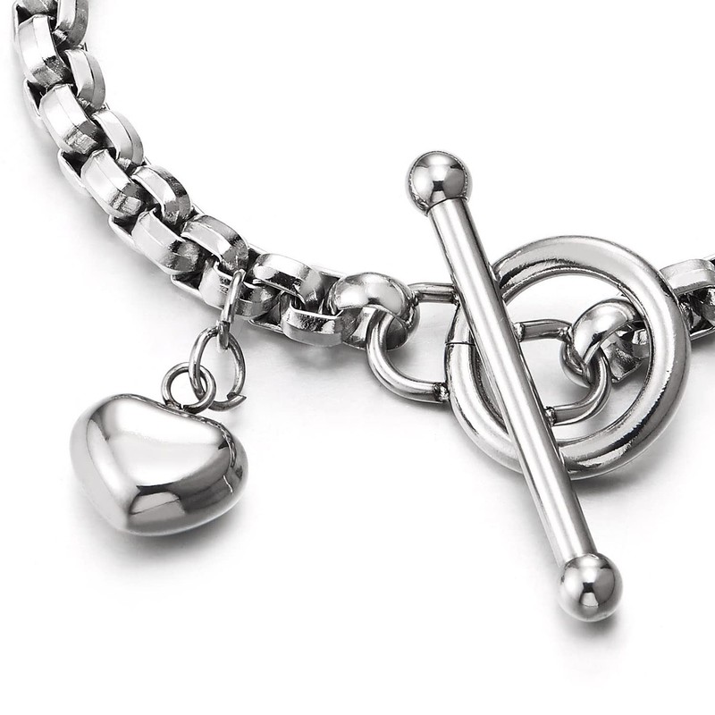COOLSTEELANDBEYOND Stainless Steel Women's Rolo Chain Bracelet Polished with Dangling