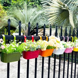 Joyfernal 6 Pcs Railing Planter, 10" Metal Hanging Flower Pots for Outdoor Balcony Rails, Fence Pot Hanging Plant Holders with Detachable Hooks for Garden Patio Yard Decor (Multi-Color, 6Pcs)