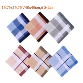 HOULIFE Men's Fabric Handkerchiefs, 100% Cotton, Soft Handkerchief with Checked Pattern, 38 x 38 cm, 15 x 15 cm, Pack of 6/9, 40 x 40 cm, 6 pieces