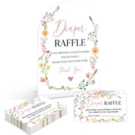 Baby Shower Games - Wildflower Diaper Raffle, 1 Arch Acrylic Sign and 50 Diaper Raffle Tickets, Gender Reveal Game, Floral Baby Shower Decoration Supplies (NS05)
